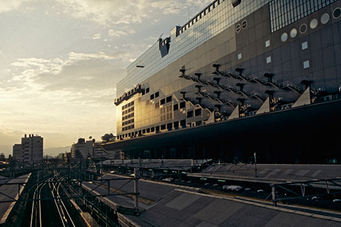 A photograph emphasising the architectural interest of Kyoto Railway Station in Japan. 