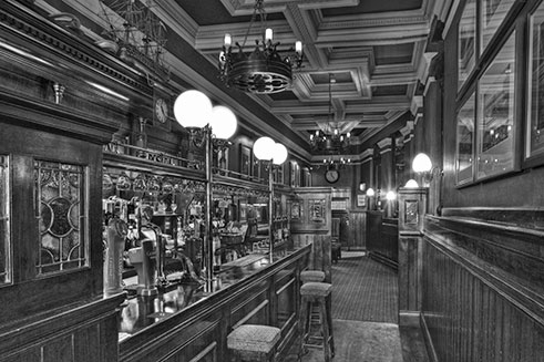 A black and white image of the Crown Posada pub in Newcastle upon Tyne, commissioned by Beautiful Britain.